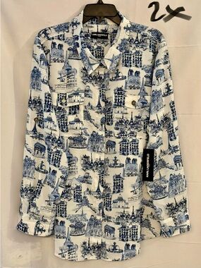 Karl Lagerfeld White Button-Up Shirt with Blue Cityscape Print